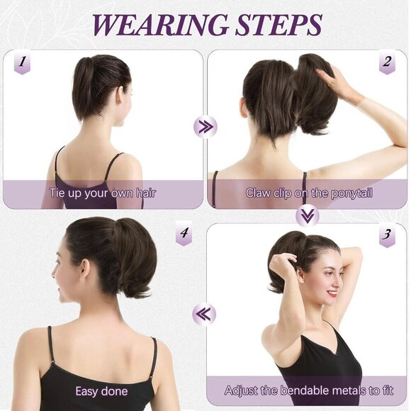 Human Hair Ponytail Extension Short Brown Blonde Claw Clip Messy Bun main image 5